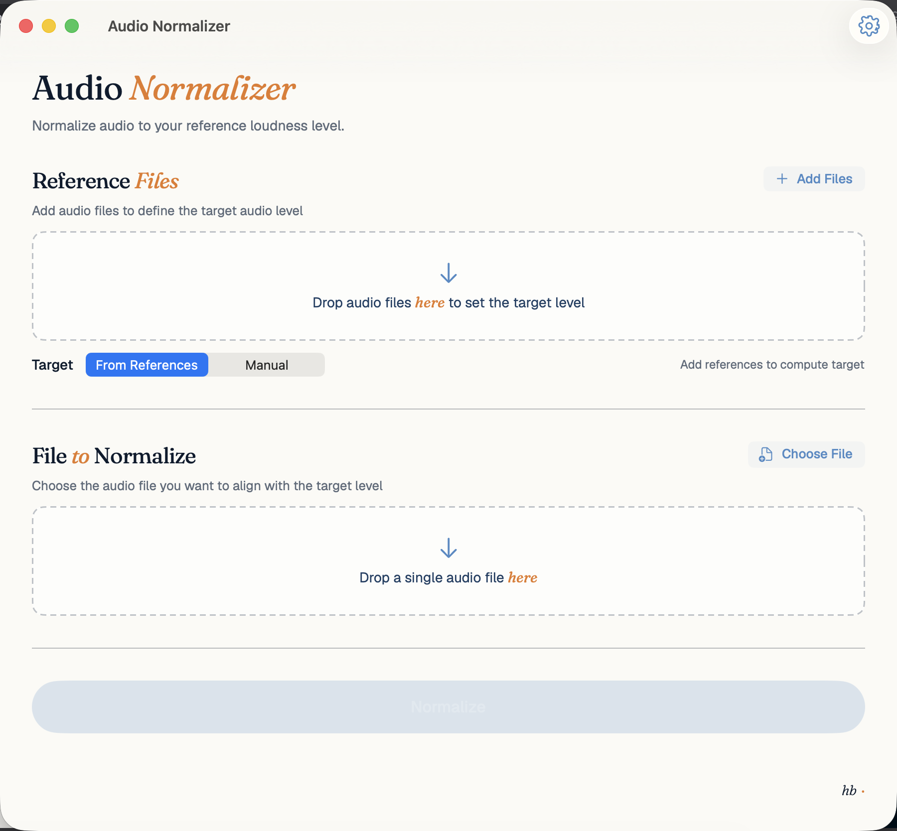 Audio Normalizer main window: Reference Files zone on top, From References / Manual toggle, File to Normalize zone below, large Normalize button