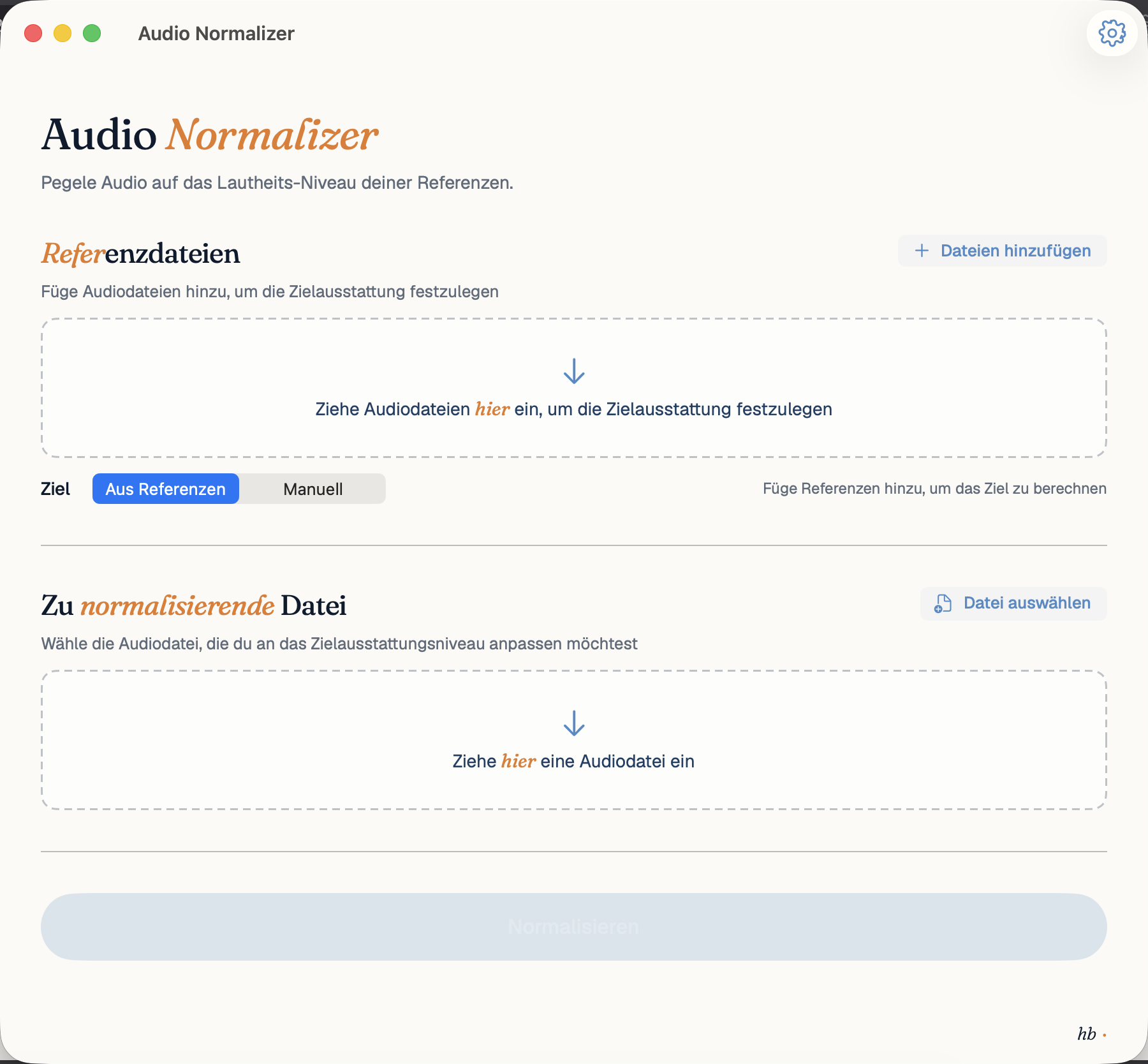 Audio Normalizer Hauptfenster: Referenzdateien-Zone oben, „Aus Referenzen / Manuell