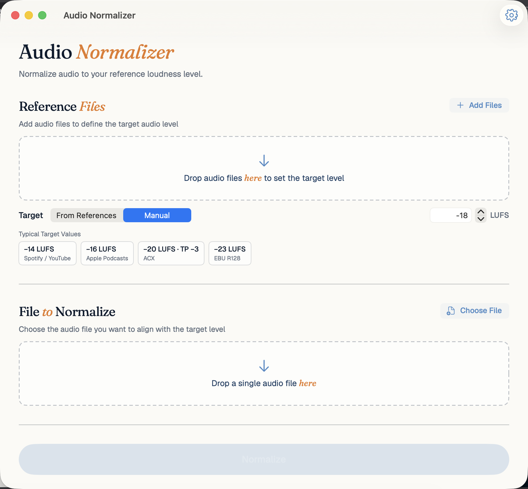 Audio Normalizer in Manual mode showing target LUFS input (−18 LUFS) and four presets: Spotify/YouTube, Apple Podcasts, ACX, EBU R128