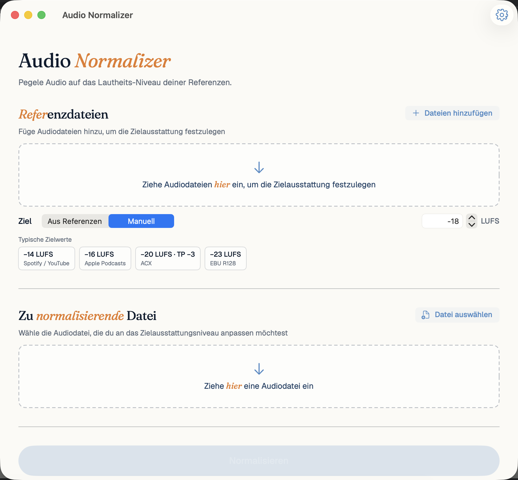 Audio Normalizer im Manuell-Modus mit Zielwert-Eingabe (−18 LUFS) und vier Presets: Spotify/YouTube, Apple Podcasts, ACX, EBU R128