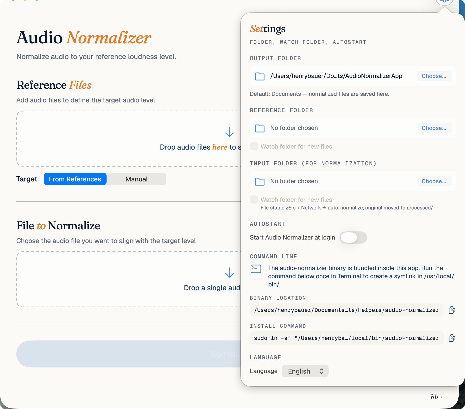 Audio Normalizer settings popover: Output Folder, Reference Folder, Input Folder with watch-folder option, Autostart and Language switcher set to English