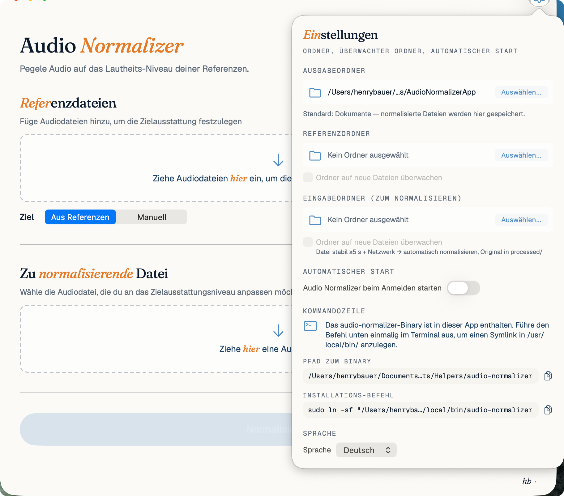 Audio Normalizer Einstellungs-Popover: Ausgabeordner, Referenzordner, Eingabeordner mit Watch-Folder-Option, Autostart und Sprachschalter Deutsch